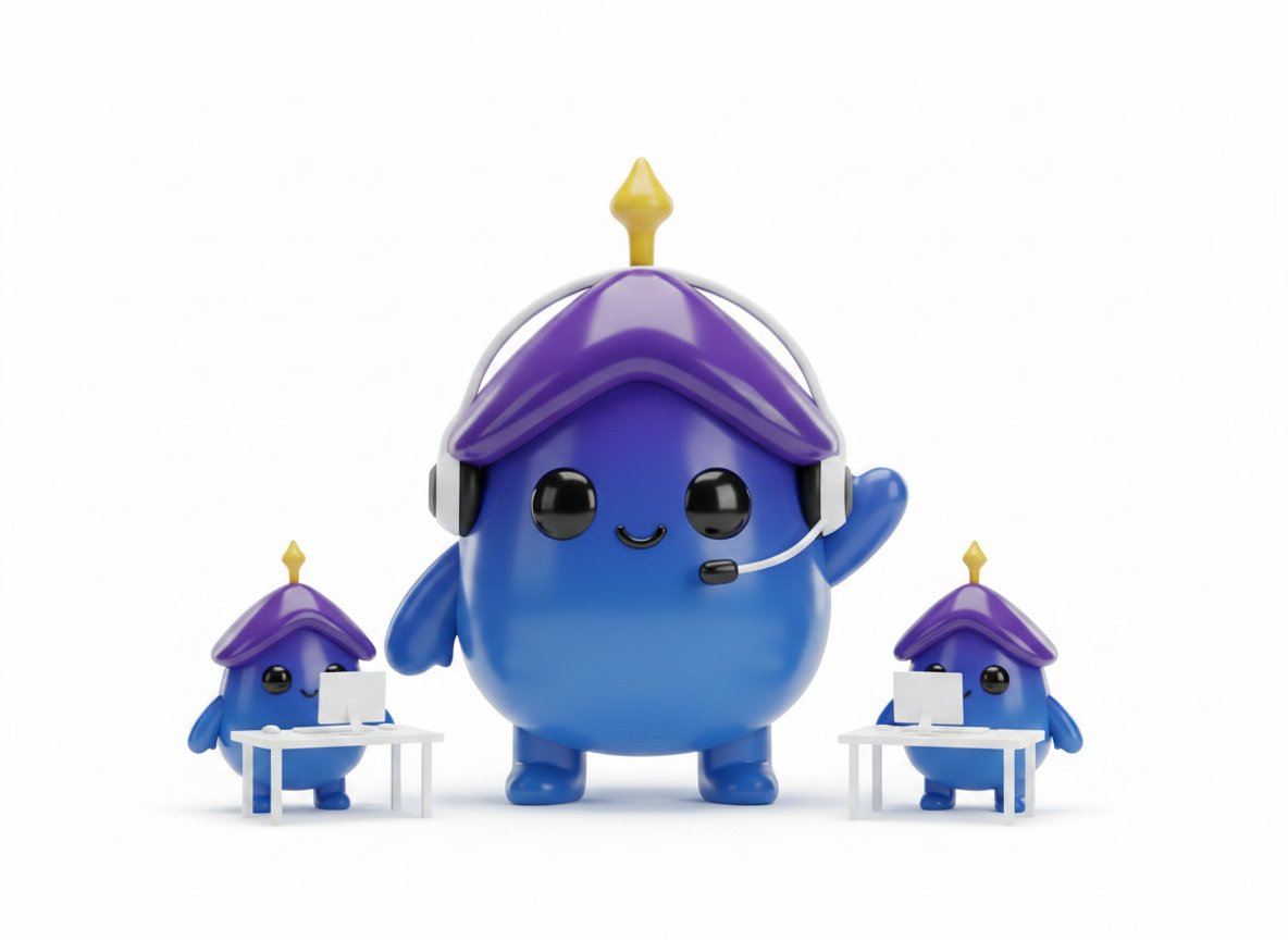 ヘッドセットを着けたAI社員のマスコットと、働くミニ分身たち